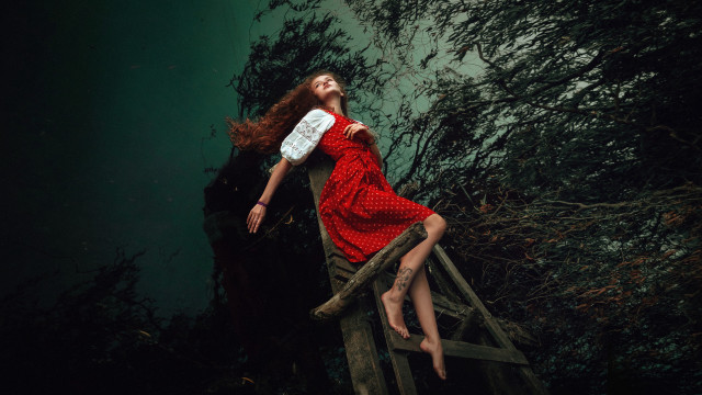 Woman red dress bridge forest free wallpaper for desktop - medium preview image