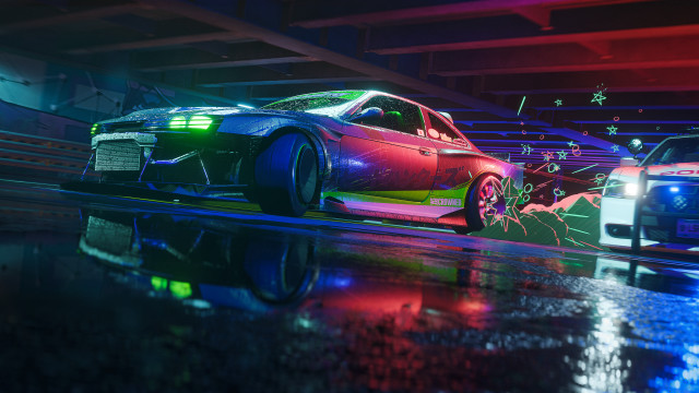 Cyberpunk car parking garage neon free wallpaper for desktop - medium preview image