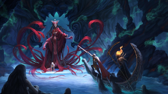 Woman red dress octopus sword free wallpaper for desktop - medium preview image