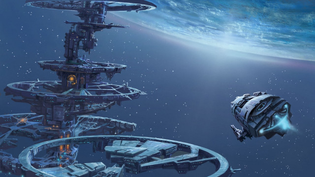 Futuristic space station ocean blue free wallpaper for desktop - medium preview image