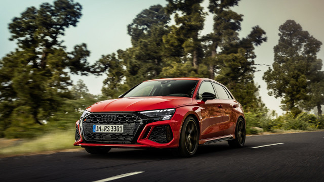 Red car driving road trees free wallpaper for desktop - medium preview image