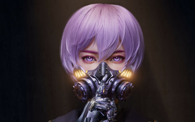 Purple hair gas mask cyberpunk free wallpaper for desktop - medium preview image