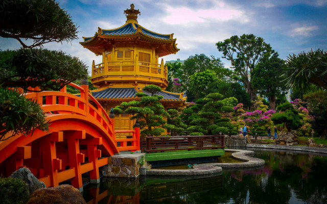 Yellow pagoda pond garden bridge free wallpaper for desktop - medium preview image