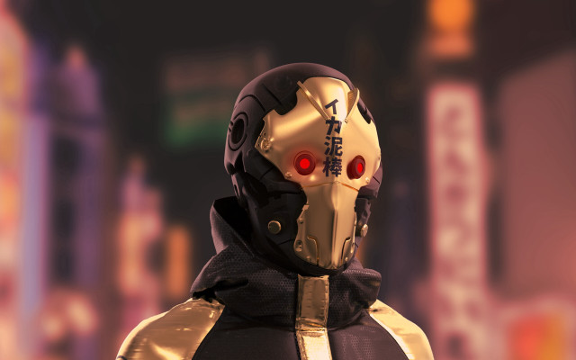 Golden hooded cyberpunk stadium night free wallpaper for desktop - medium preview image