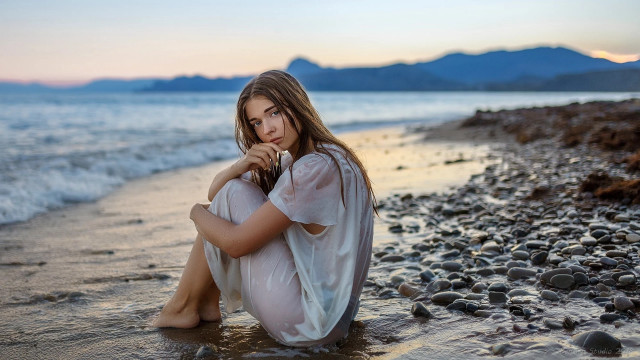 Beach woman white dress camera free wallpaper for desktop - medium preview image