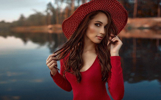 Woman red dress hat lake free wallpaper for desktop - medium preview image