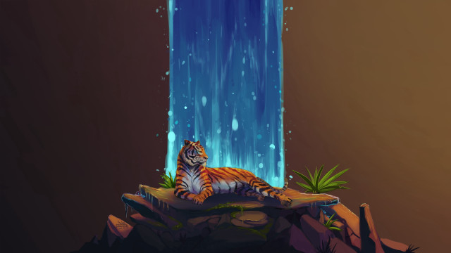 Tiger rock waterfall plant fantasy free wallpaper for desktop - medium preview image