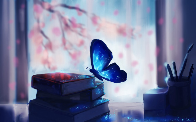 Blue butterfly over books spring #2 free wallpaper for desktop - medium preview image