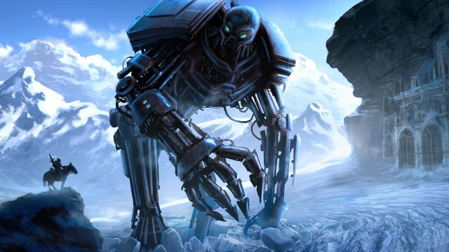 Giant robot snowy mountains fantasy free wallpaper for desktop - medium preview image