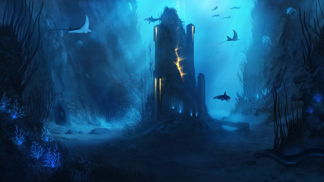 Castle sharks blue sea fantasy free wallpaper for desktop - medium preview image