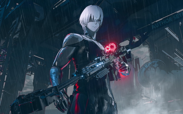 Futuristic girl cyberpunk weapon rain free wallpaper for desktop - medium preview image