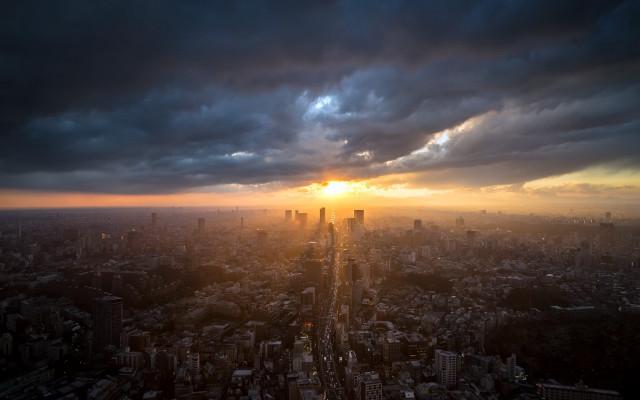 Skyline sunset mountains clouds cityscape free wallpaper for desktop - medium preview image