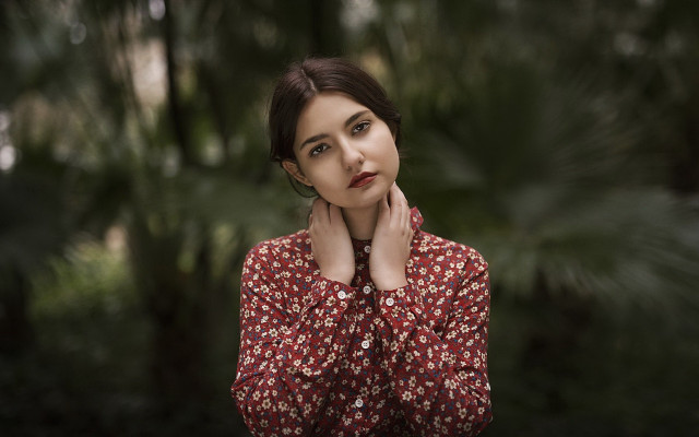 Woman red shirt woods portrait free wallpaper for desktop - medium preview image