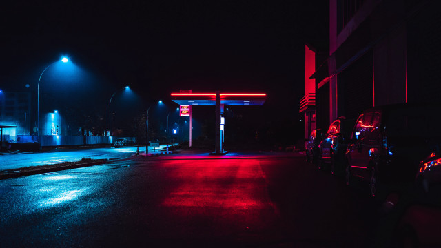 Gas station night cyberpunk motorcycle free wallpaper for desktop - medium preview image