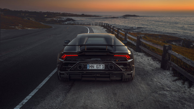 Black sports car ocean sunset free wallpaper for desktop - medium preview image
