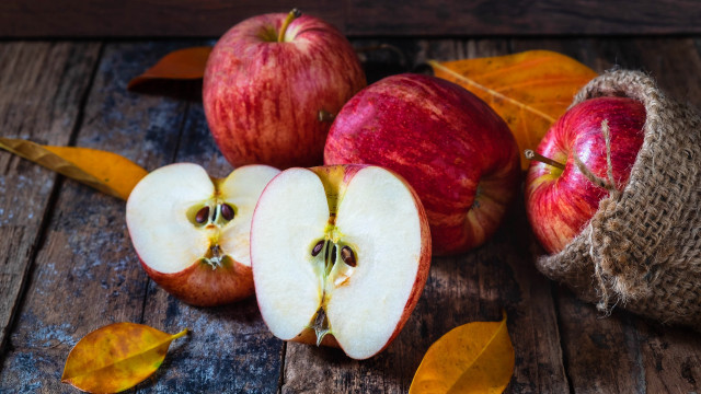 Apples wooden table leaves knife free wallpaper for desktop - medium preview image