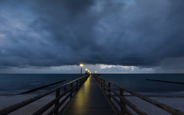 Pier light night water clouds free wallpaper for desktop - medium preview image