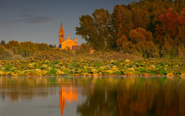 Church reflection lake autumn fire free wallpaper for desktop - medium preview image