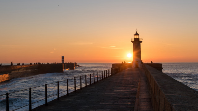 Lighthouse pier sunset ocean fence free wallpaper for desktop - medium preview image