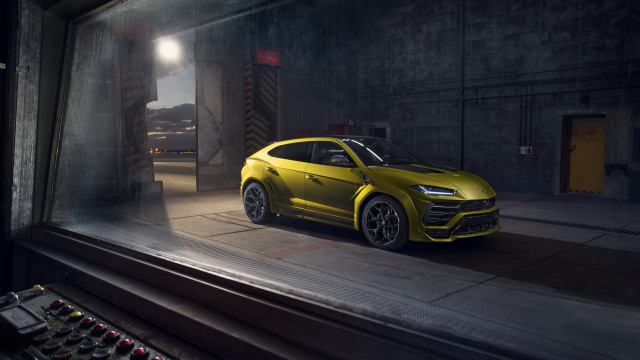 Yellow car dark garage soundboard free wallpaper for desktop - medium preview image