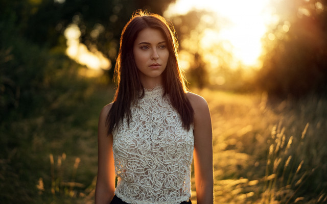 Woman field sunset blurry flare free wallpaper for desktop - medium preview image