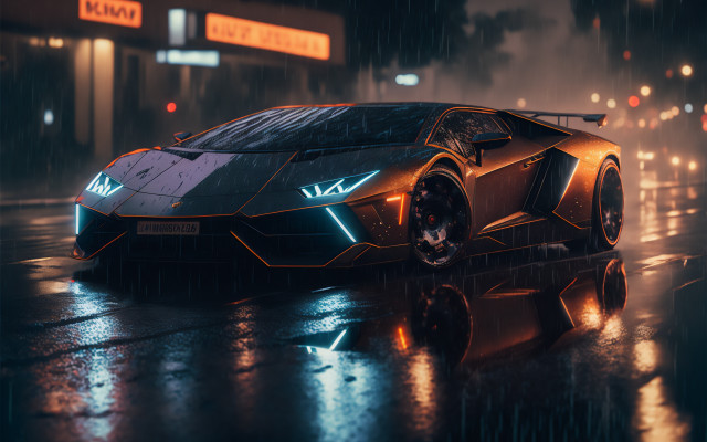 Futuristic car rainy night neon free wallpaper for desktop - medium preview image