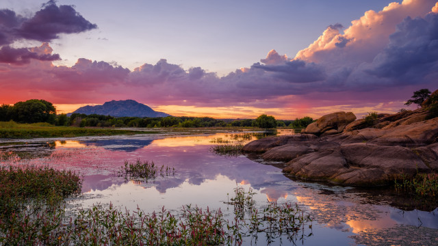 Sunset lake mountain clouds dusk free wallpaper for desktop - medium preview image