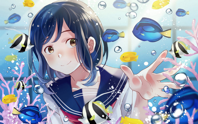 Girl sea fish bubbles sailor free wallpaper for desktop - medium preview image