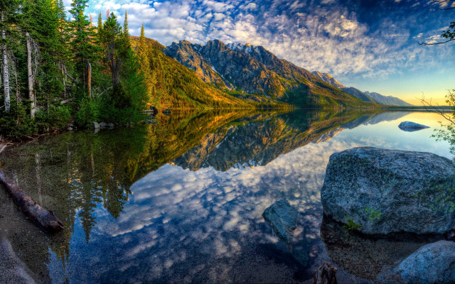 Mountain lake reflections forest sky free wallpaper for desktop - medium preview image