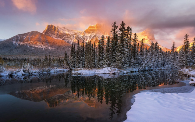 Mountain lake snow trees sunset free wallpaper for desktop - medium preview image