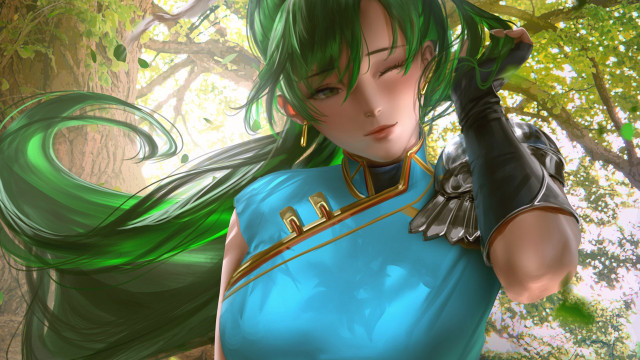 Green hair blue dress forest free wallpaper for desktop - medium preview image