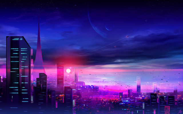 City skyline bright red light free wallpaper for desktop - medium preview image