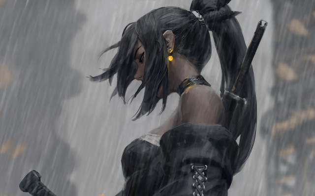 Woman rain cyberpunk cat sword free wallpaper for desktop - medium preview image