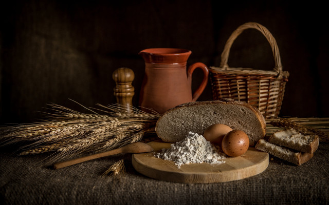 Bread basket still life tablecloth free wallpaper for desktop - medium preview image
