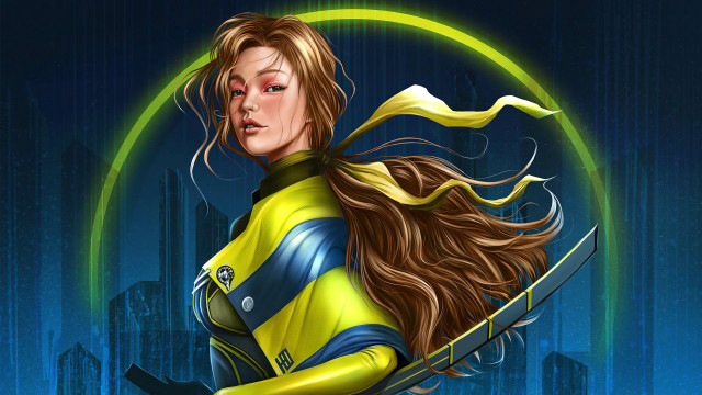 Woman yellow blue suit retrofuturism free wallpaper for desktop - medium preview image