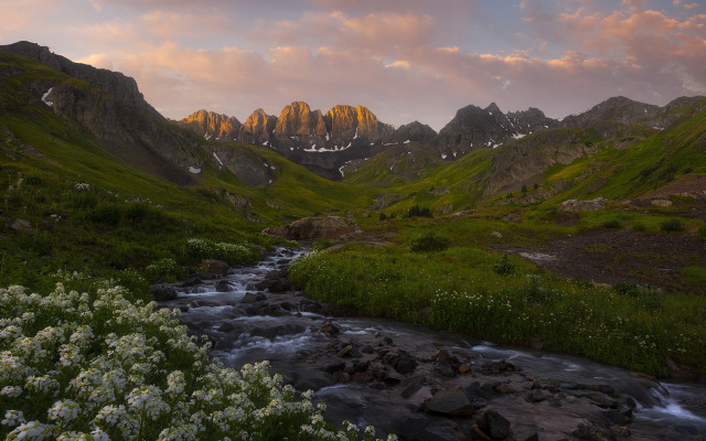 Lush valley stream mountains sunset free wallpaper for desktop - medium preview image