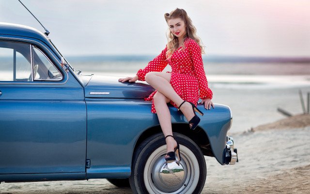 Woman red dress blue car free wallpaper for desktop - medium preview image