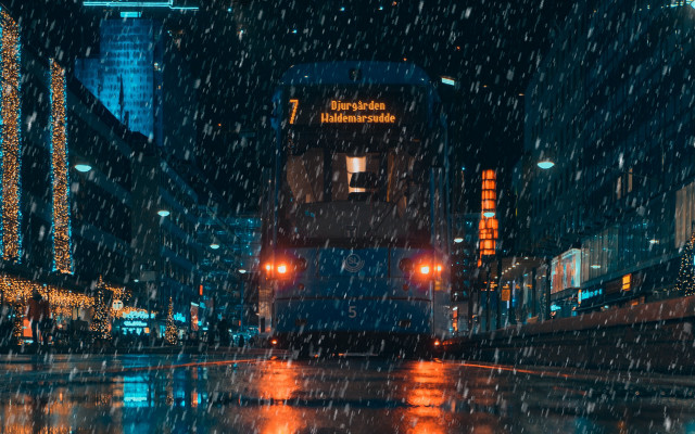 Bus rain night cyberpunk city free wallpaper for desktop - medium preview image