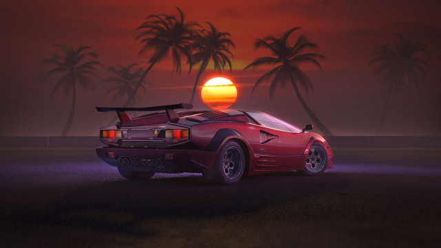 Red sports car sunset palm free wallpaper for desktop - medium preview image
