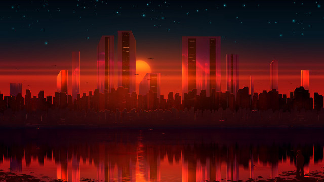 City skyline red sunset moon free wallpaper for desktop - medium preview image
