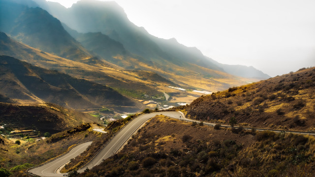 Mountain road town lake sunset free wallpaper for desktop - medium preview image
