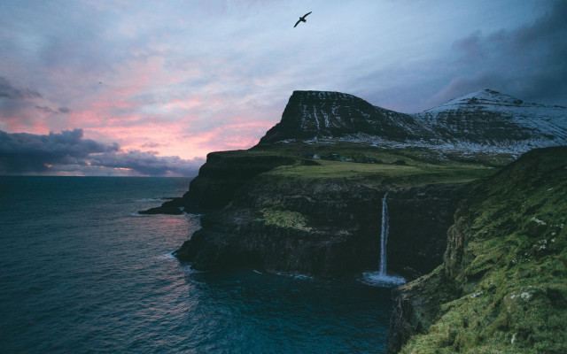 Bird waterfall ocean sunset landscape free wallpaper for desktop - medium preview image