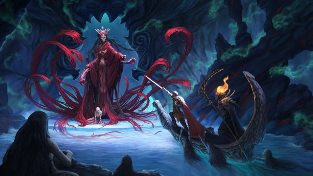 Woman sword rock cave demon free wallpaper for desktop - medium preview image