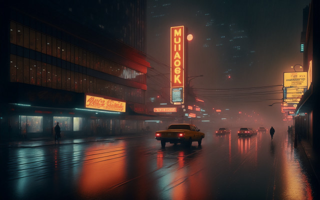 City street night rain neon free wallpaper for desktop - medium preview image