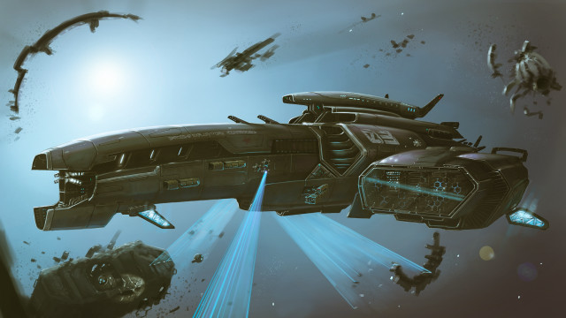 Futuristic ship debris blue lights free wallpaper for desktop - medium preview image