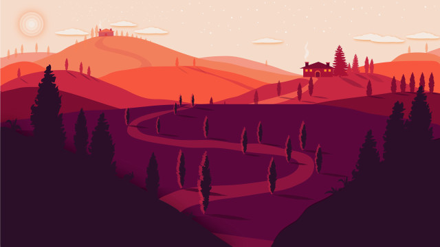 Hill house trees sunset illustration free wallpaper for desktop - medium preview image