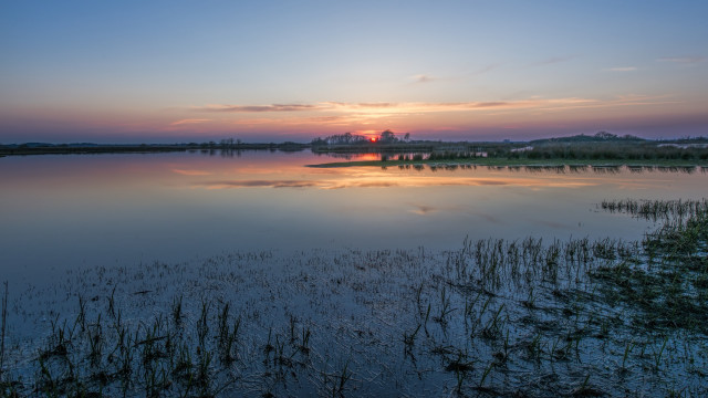 Sunset lake clouds grass building free wallpaper for desktop - medium preview image