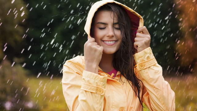 Woman smiling yellow raincoat rain free wallpaper for desktop - medium preview image