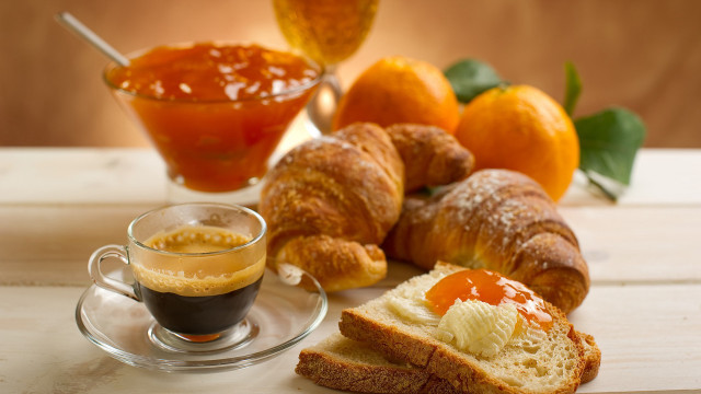 Bread coffee oranges jam stilllife free wallpaper for desktop - medium preview image