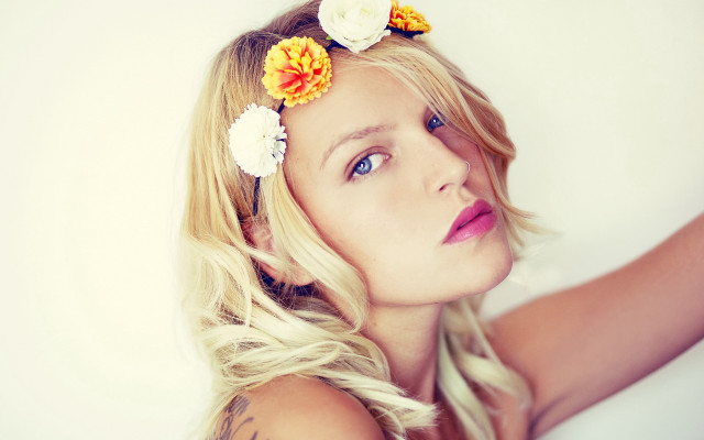 Woman flowers tattoo portrait blonde free wallpaper for desktop - medium preview image